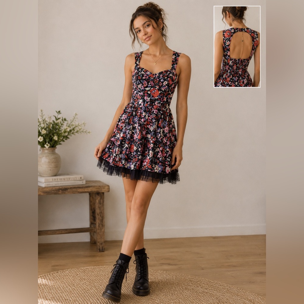 Free People Black Floral Midi Dress with Red & Pink Blooms size 4